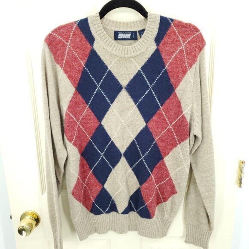 VTG Bruce Jenner Sports in Motion Argyle Print Crewneck Sweater L Tan/Mult